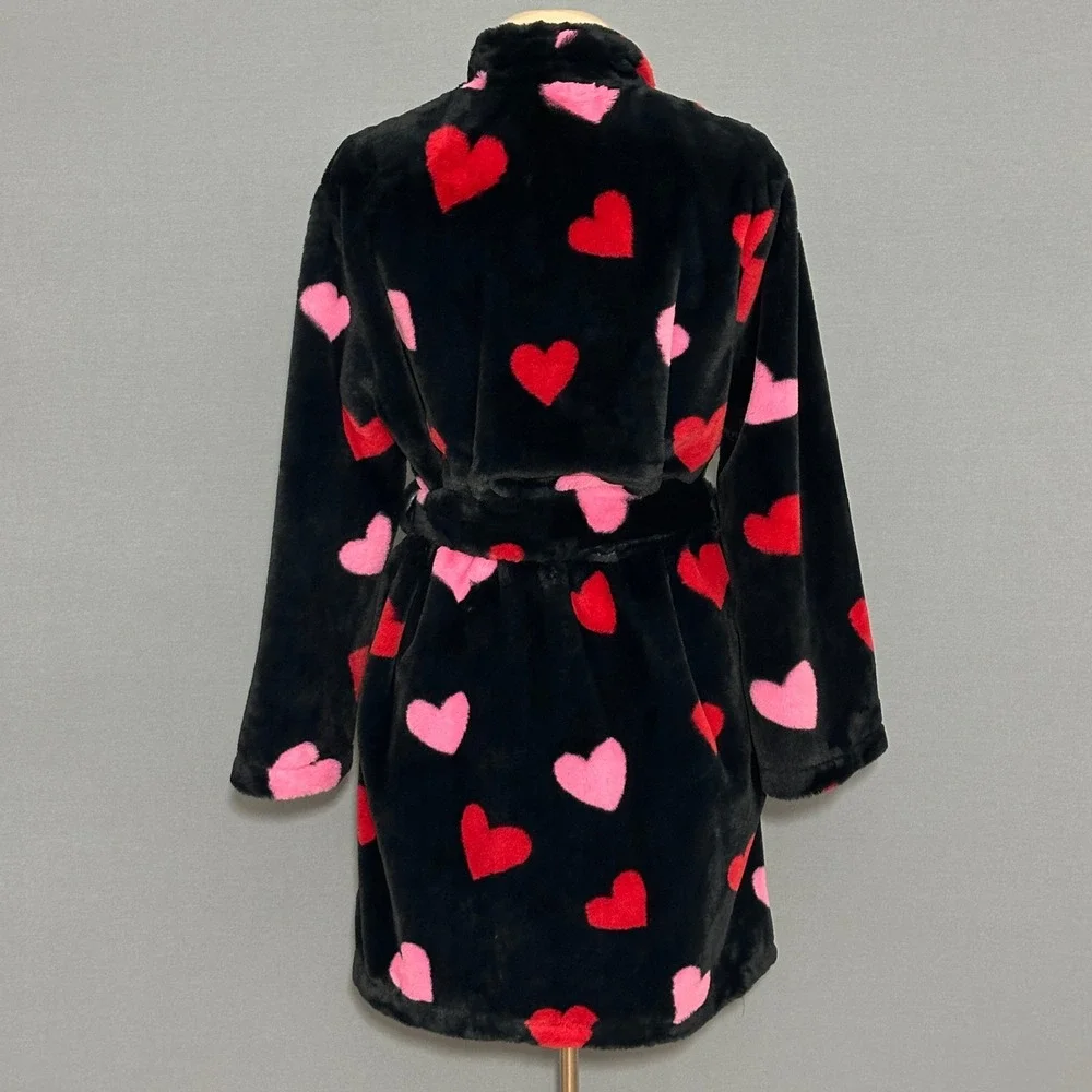 Kate Spade Womens Bathrobe M Black Plush Wrap Tie Red Pink Hearts Loungewear